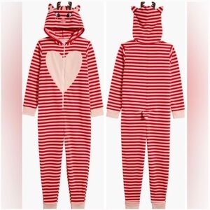 New Nordstrom Stripe Reindeer Hooded Fleece Romper Jumpsuit Onesie Christmas L